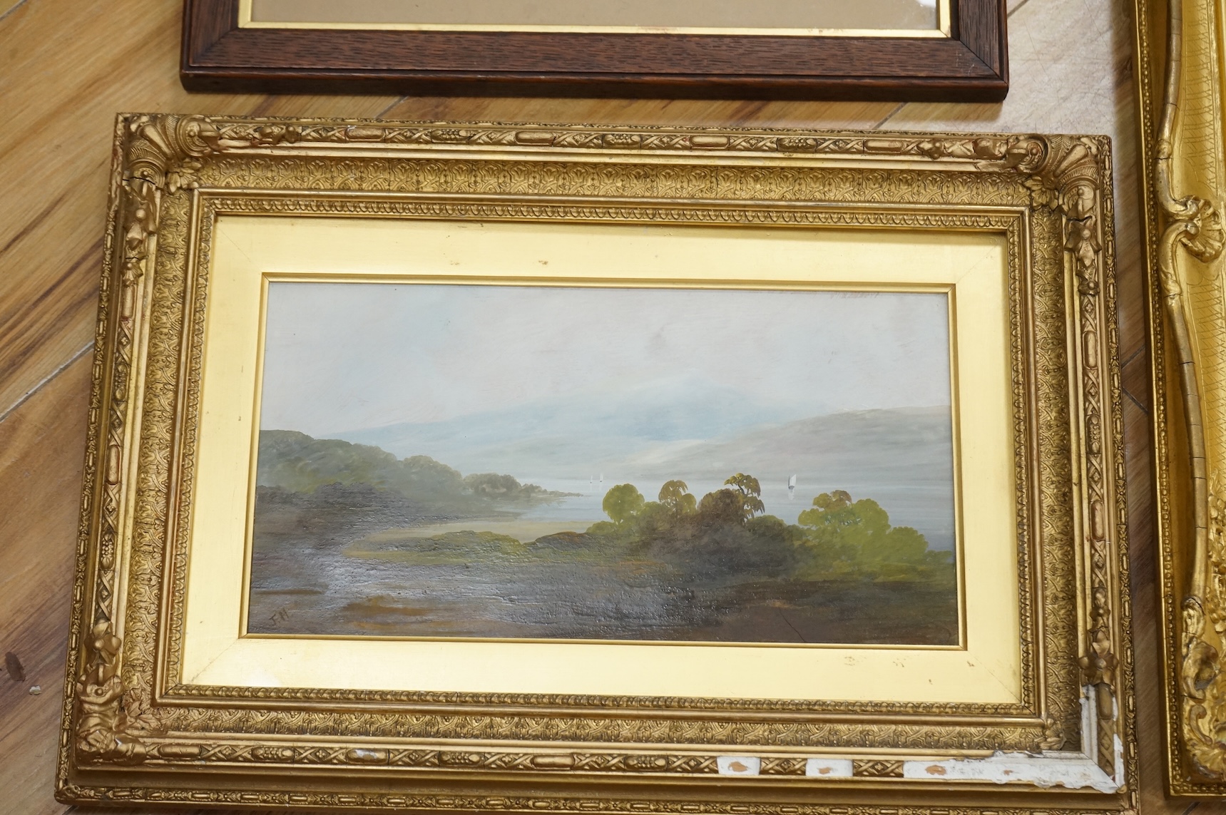C. Leader, oil on canvas, riverscape, together with another oil and a heightened ink sketch of HMS Phaeton, frigate, largest 35 x 24cm